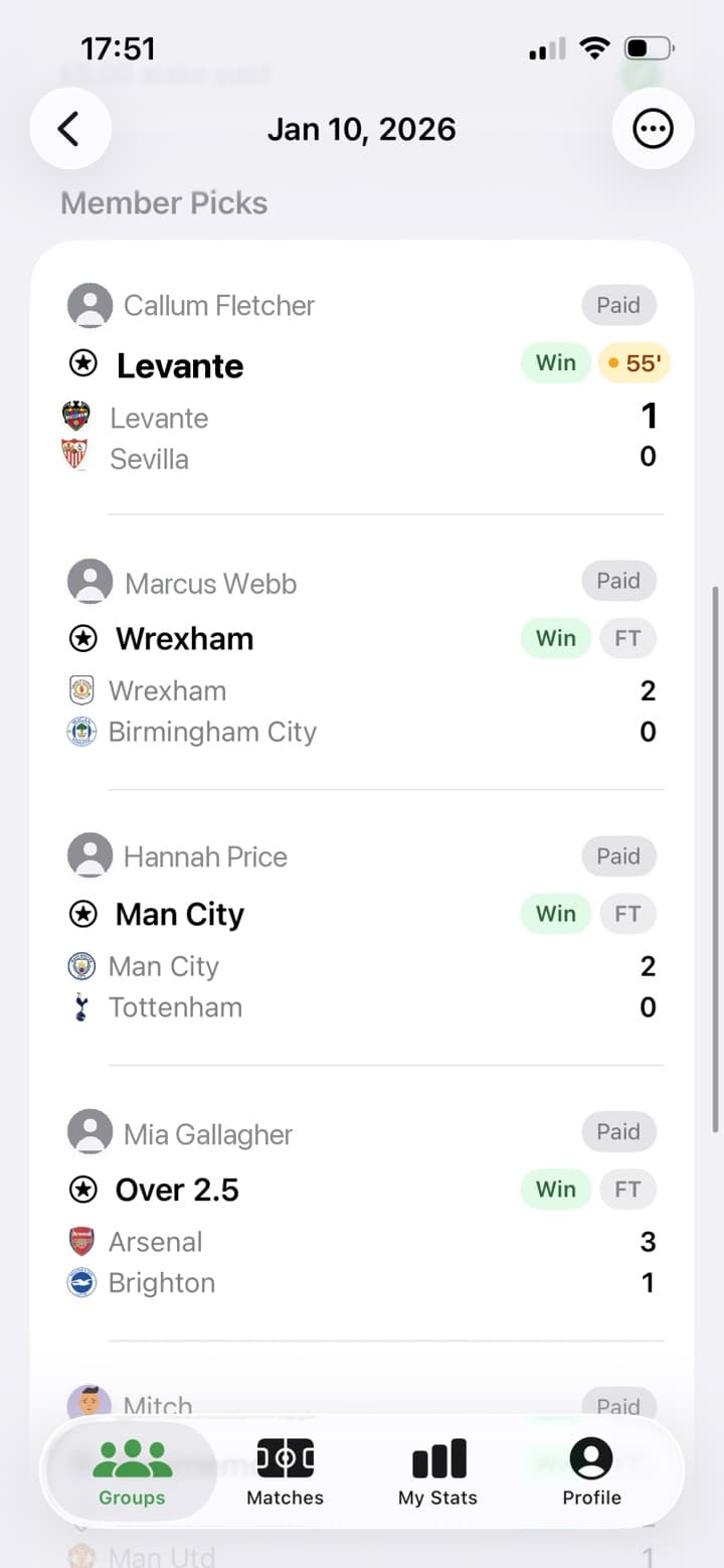 Group picks with Win tags and a live match